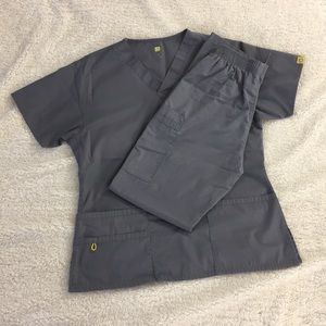 TWO WonderWink scrub sets in pewter and navy